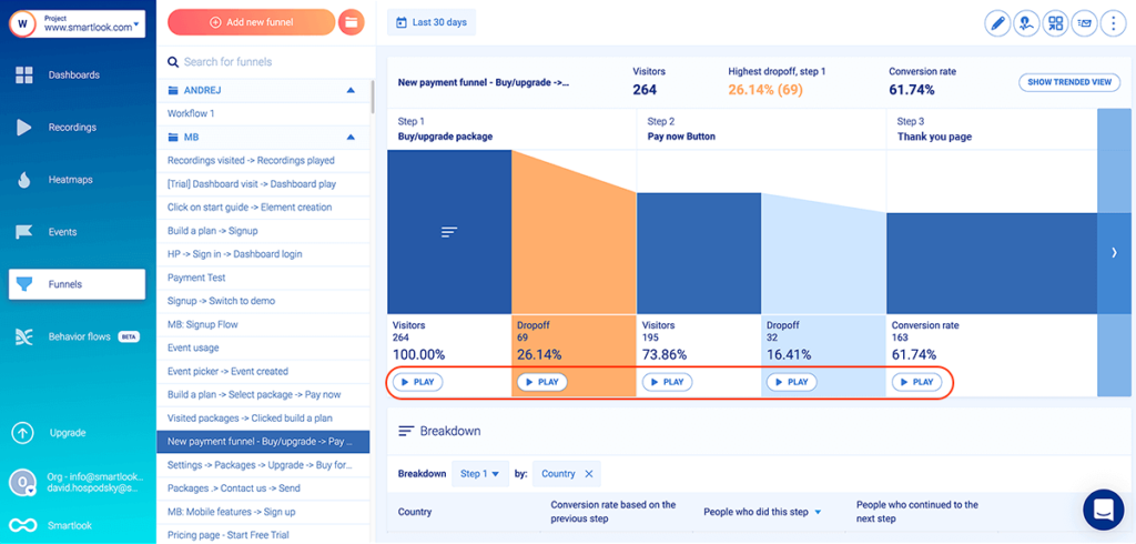 While viewing the funnel, you can pull up video recordings to view.