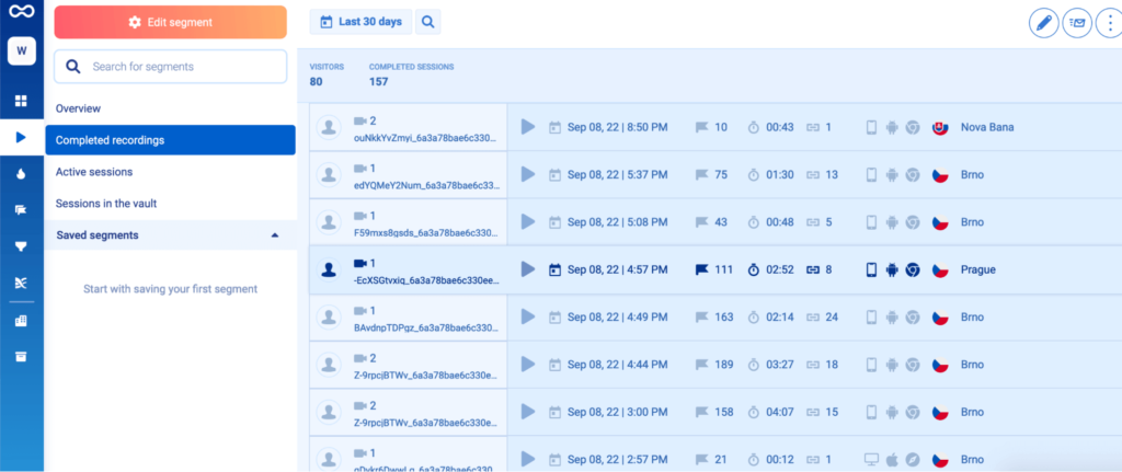 List of session recordings.