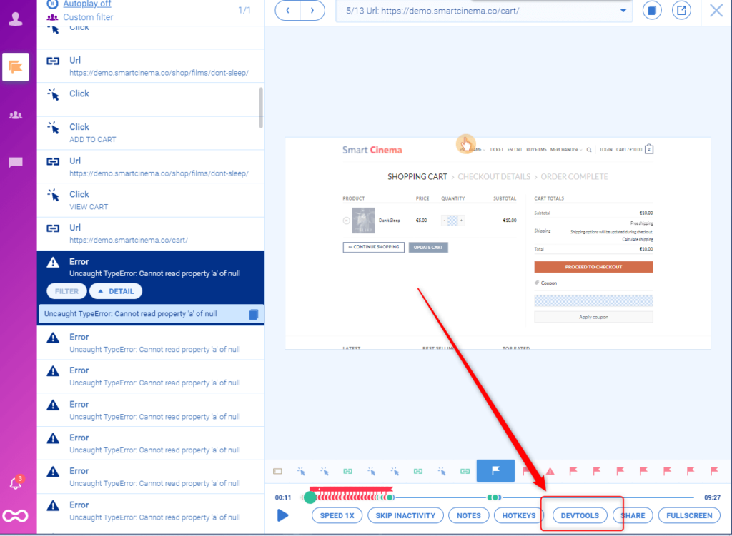 Where to find the dev tools bar in Smartlook.