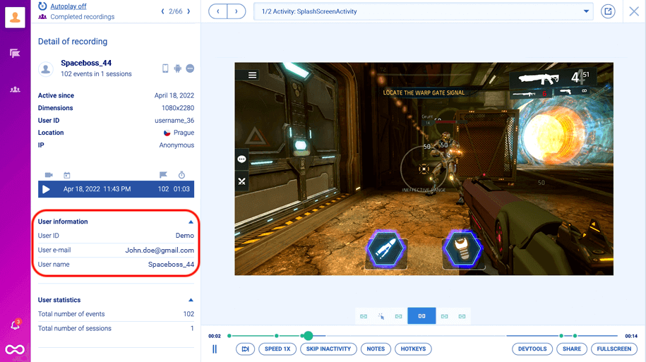 Session recording located by user identification.