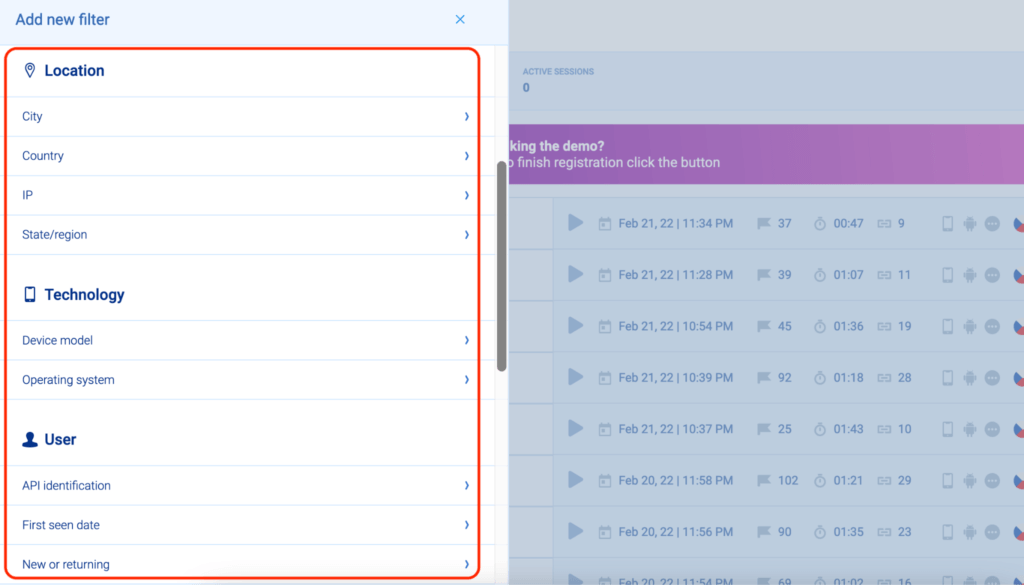 Filters for finding relevant sessions.
